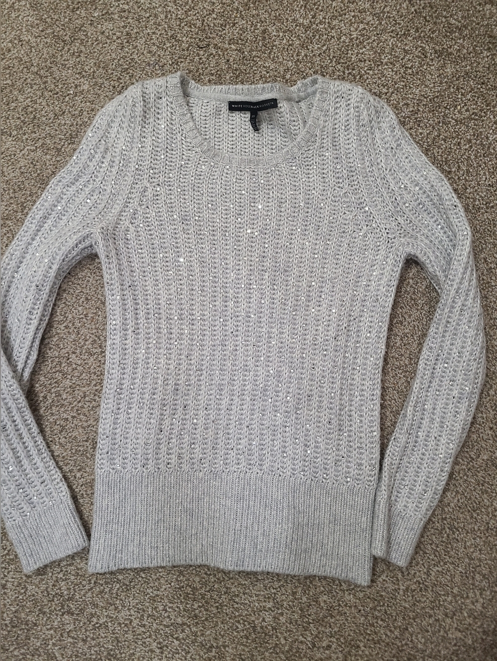 White House Black Market Gray Rhinestone Crewneck Chunky Knit Wool Blend Sweater